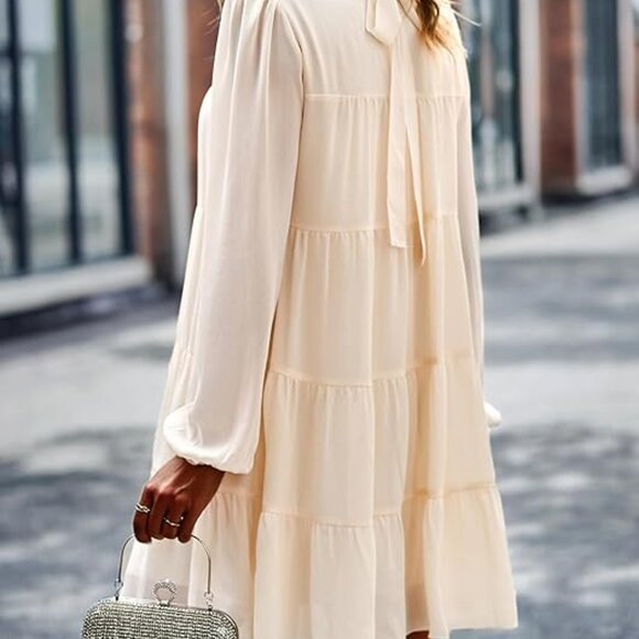 Women's Tunic Long Sleeve Ruffle Mock Neck Tiered Mini‎ Babydoll Dress - Picture 3 of 6